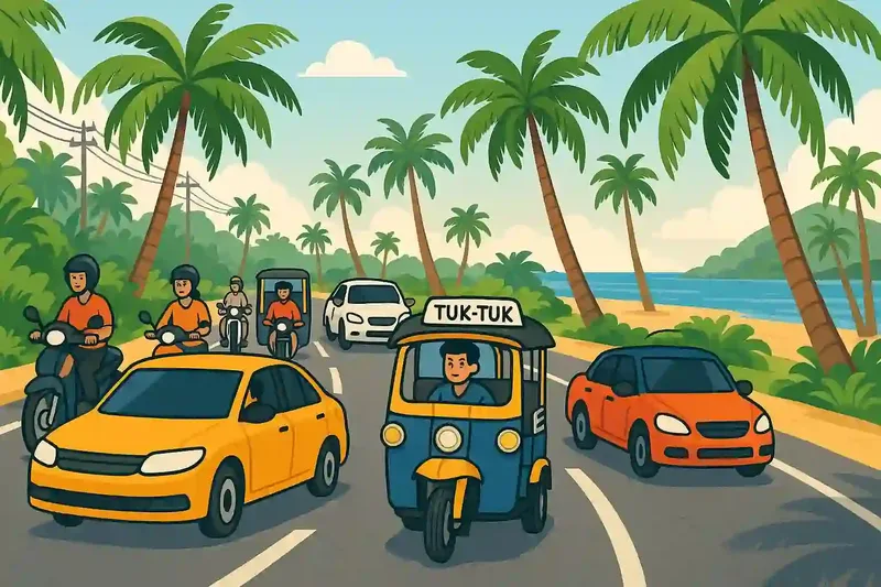 Trafik i Thailand med vänstertrafik och mopeder